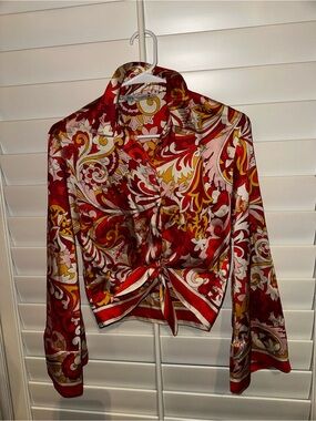 Zara Red & Gold Paisley Tie-Front Button-Down